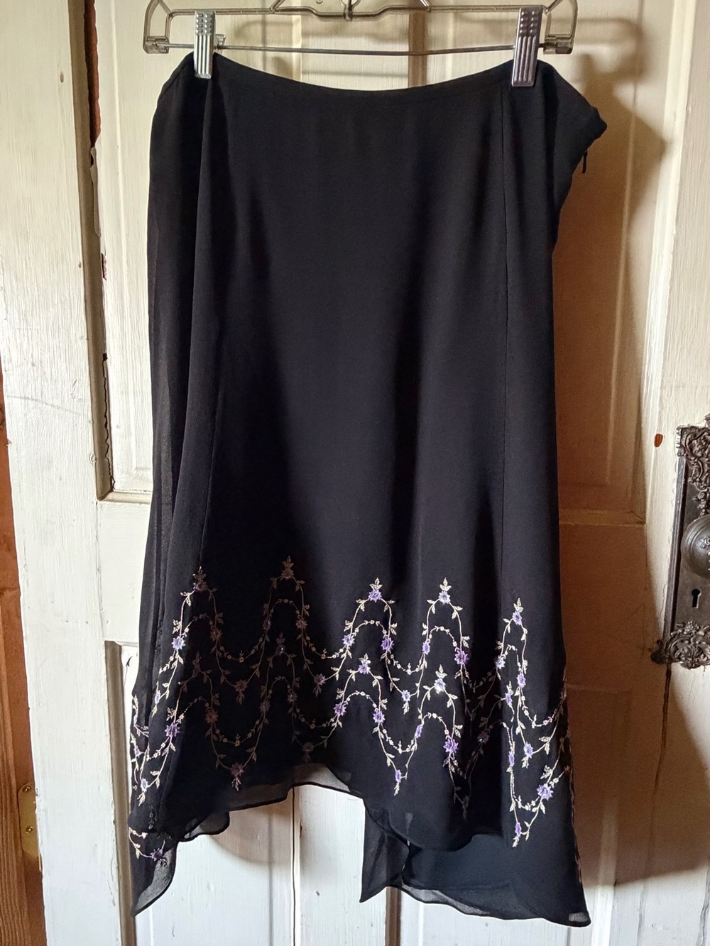 Y2K Silk Black Embroidered Handkerchief Hem Purple Floral Sequin Midi Skirt